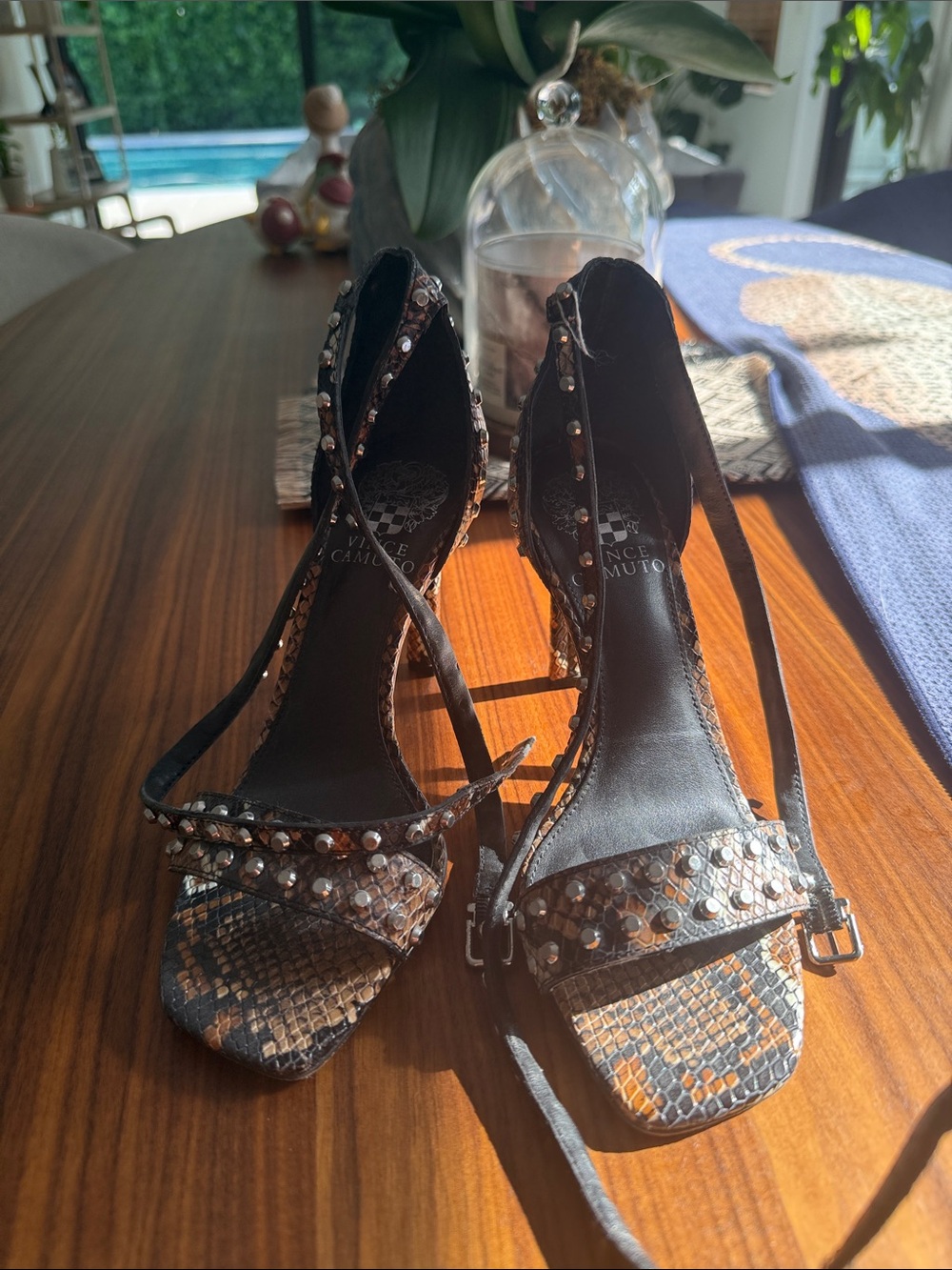 Vince Camuto Black Snakeskin-Pattern Studded Lace-Up heels